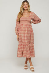 Rust Gingham Long Sleeve Maternity Midi Dress