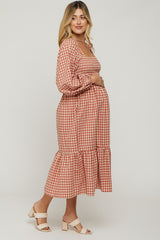 Rust Gingham Long Sleeve Maternity Midi Dress