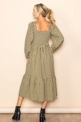 Olive Gingham Long Sleeve Midi Dress