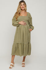 Olive Gingham Long Sleeve Maternity Midi Dress