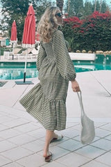 Olive Gingham Long Sleeve Midi Dress