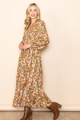 Olive Floral Long Sleeve Maxi Dress