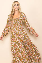 Olive Floral Long Sleeve Maxi Dress