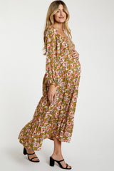 Olive Floral Long Sleeve Maternity Maxi Dress