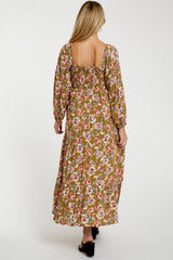 Olive Floral Long Sleeve Maternity Maxi Dress