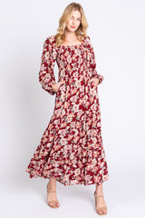 Burgundy Floral Long Sleeve Maternity Maxi Dress