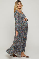 Navy Floral Long Sleeve Maternity Maxi Dress