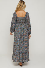 Navy Floral Long Sleeve Maternity Maxi Dress