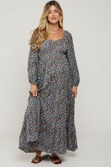 Navy Floral Long Sleeve Maternity Maxi Dress