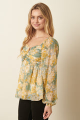 Sage Combo Flower Print Ruching  Detail Blouse