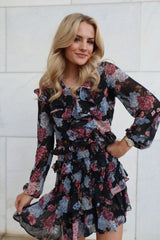 Black Floral Long Sleeve Ruffle Dress