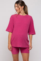 Fuchsia Ribbed Soft Short Sleeve Maternity Shorts Set