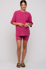 Fuchsia Ribbed Soft Short Sleeve Maternity Shorts Set