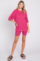 Fuchsia Ribbed Soft Short Sleeve Shorts Set