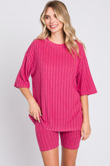 Fuchsia Ribbed Soft Short Sleeve Shorts Set