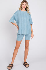 Light Blue Ribbed Soft Short Sleeve Shorts Set