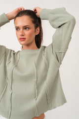 Sage Seam Detailed Waffle Knit Top