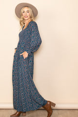 Dark Teal Floral Smocked Wide Leg Jumpsuit