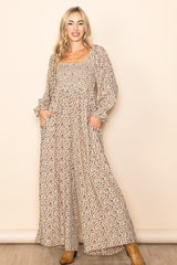 Beige Floral Smocked Wide Leg Maternity Jumpsuit