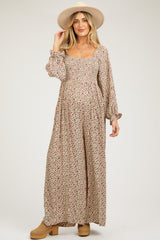 Beige Floral Smocked Wide Leg Maternity Jumpsuit