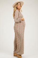 Beige Floral Smocked Wide Leg Maternity Jumpsuit