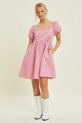 Mauve Puff Sleeve Back Tie Dress