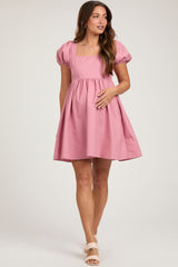 Mauve Puff Sleeve Back Tie Maternity Dress