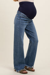 Blue Wide Leg Distressed Hem Maternity Jeans