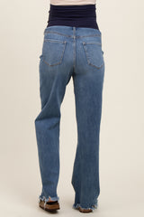 Blue Wide Leg Distressed Hem Maternity Jeans