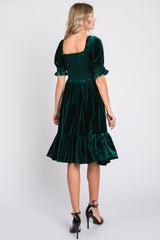 Forest Green Velvet Smocked Puff Sleeve Dress