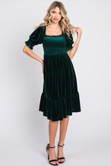 Forest Green Velvet Smocked Puff Sleeve Dress