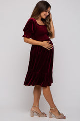 Burgundy Velvet Smocked Puff Sleeve Maternity Dress