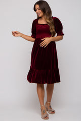 Burgundy Velvet Smocked Puff Sleeve Maternity Dress