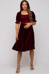 Burgundy Velvet Smocked Puff Sleeve Maternity Dress