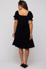 Black Velvet Smocked Puff Sleeve Maternity Dress