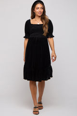 Black Velvet Smocked Puff Sleeve Maternity Dress