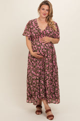 Brown Floral Smocked Waist Maternity Plus Maxi Dress