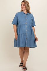 Blue Denim Button Down Tiered Plus Maternity Dress