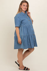 Blue Denim Button Down Tiered Plus Maternity Dress