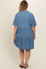 Blue Denim Button Down Tiered Plus Maternity Dress