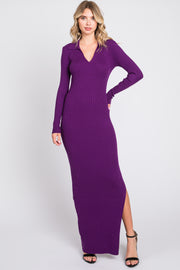 Purple Rib Knit Collared Maxi Dress