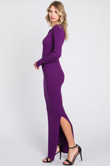 Purple Rib Knit Collared Maxi Dress