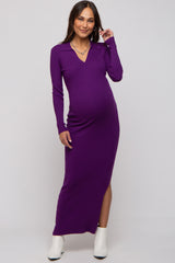 Purple Rib Knit Collared Maternity Maxi Dress