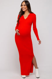 Red Orange Rib Knit Collared Maternity Maxi Dress