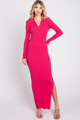 Pink Rib Knit Collared Maternity Maxi Dress