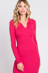 Pink Rib Knit Collared Maxi Dress