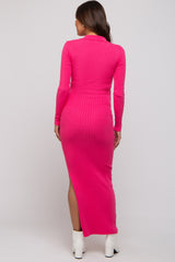 Pink Rib Knit Collared Maternity Maxi Dress