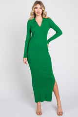 Green Rib Knit Collared Maternity Maxi Dress