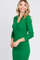 Green Rib Knit Collared Maxi Dress