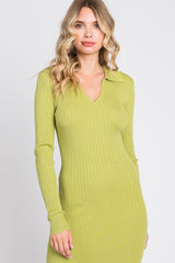 Lime Rib Knit Collared Maxi Dress